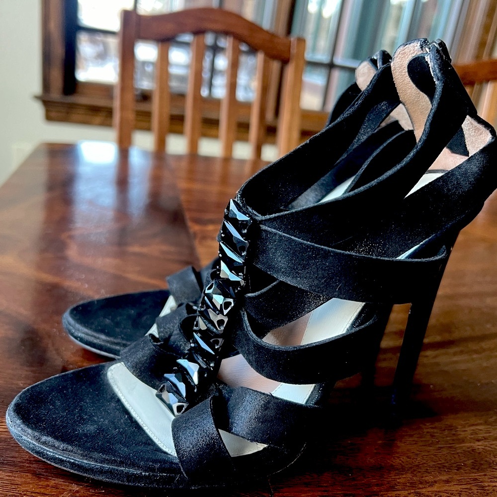 Herve Leger Claraa black leather suede high heel sandals designer shoes